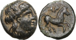 Greek Asia. Troas, Gargara. AE 9 mm, 420-400 BC. Head of Apollo right, laureate. / Horse galloping right. SNG Cop. 326-329. AE. 0.60 g. 9.00 mm. VF.