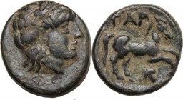 Greek Asia. Troas, Gargara. AE 9 mm, 420-400 BC. Head of Apollo right, laureate. / Horse galloping right; below, bunch of grapes. SNG Cop. 330. AE. 0....