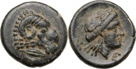 Greek Asia. Troas, Kebren. AE 20 mm, 400-387 BC. Head of ram right; below, grain of barley. / Head of Apollo right, laureate. SNG Cop. 266-267 var (co...