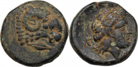 Greek Asia. Troas, Kebren. AE 19 mm, 400-387 BC. Head of ram right; below, grain of barley. / Head of Apollo right, laureate. SNG Cop. 266-267 var (co...