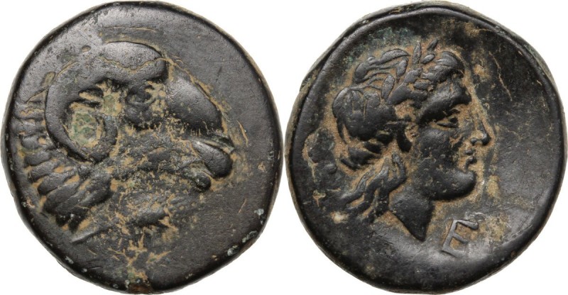 Greek Asia. Troas, Kebren. AE 20 mm, 400-387 BC. Head of ram right; below, corn-...