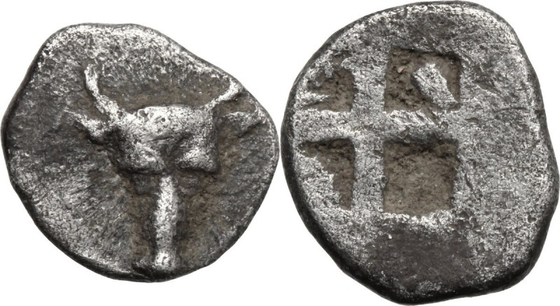 Greek Asia. Troas, Lamponeia. AR Hemiobol, 500-450 BC. Head of bull facing. / In...