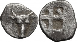 Greek Asia. Troas, Lamponeia. AR Hemiobol, 500-450 BC. Head of bull facing. / Incuse square with four fields. Klein 316; SNG Tübingen 2648. Traitè II,...