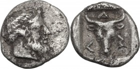 Greek Asia. Troas, Lamponeia. AR Obol, late 5th-4th century BC. Head of Dionysos right. / Head of bull facing, within incuse square. SNG Cop. 444. AR....