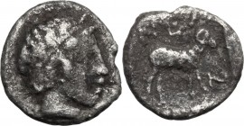 Greek Asia. Troas, Neandria. AR Obol, late 5th century-310 BC. Head of Apollo right, laureate. / Ram standing right within incuse square. SNG Cop. 446...