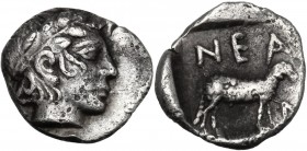 Greek Asia. Troas, Neandria. AR Obol, circa 400-370 BC. Laureate head of Apollo right. / NEA-N Ram standing right. SNG von Aulock 7628. Klein, KM 46, ...