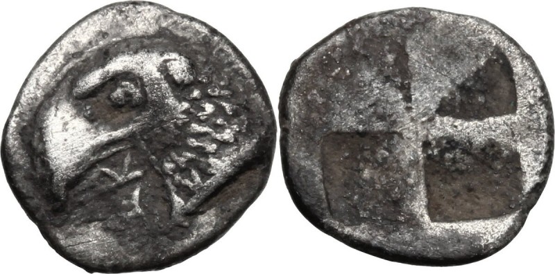 Greek Asia. Aeolis, Kyme. AR Hemiobol, 480-450 BC. Head of eagle right. / Incuse...