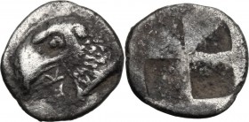 Greek Asia. Aeolis, Kyme. AR Hemiobol, 480-450 BC. Head of eagle right. / Incuse square with windmill pattern. SNG Cop. 31-32. AR. 0.36 g. 8.00 mm. To...
