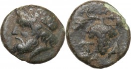 Greek Asia. Aeolis, Temnos. AE 11 mm, 4th century BC. Head of Dionysos left, wearing ivy-wreath. / Bunch of grapes. SNG Cop. 246-248. AE. 1.09 g. 11.0...