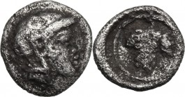 Greek Asia. Lesbos, Methymna. AR Hemiobol, 450-406 BC. Head of Athena right, helmeted. / Bunch of grapes. Franke 17. Traitè 2261. HGC 6, 905. AR. 0.20...