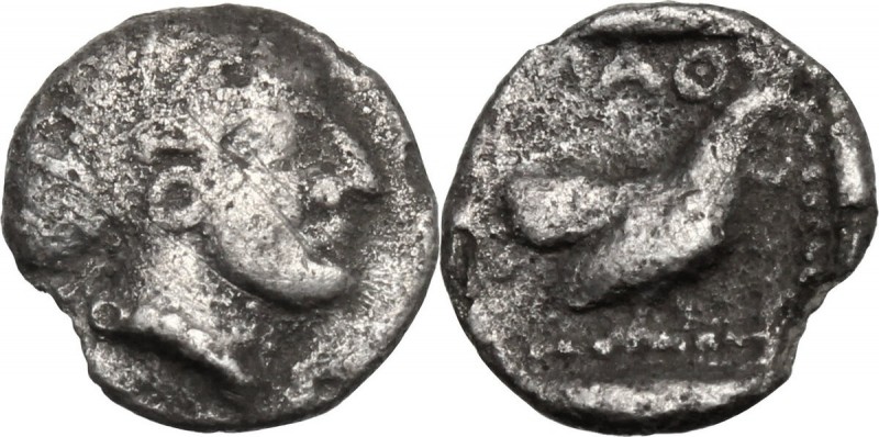 Greek Asia. Lesbos, Methymna. AR Hemiiobol, 450-400 BC. Head of nymph right. / R...