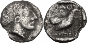 Greek Asia. Lesbos, Methymna. AR Hemiiobol, 450-400 BC. Head of nymph right. / Rooster standing right within incuse square. HGC 6, 893. AR. 0.24 g. 7....