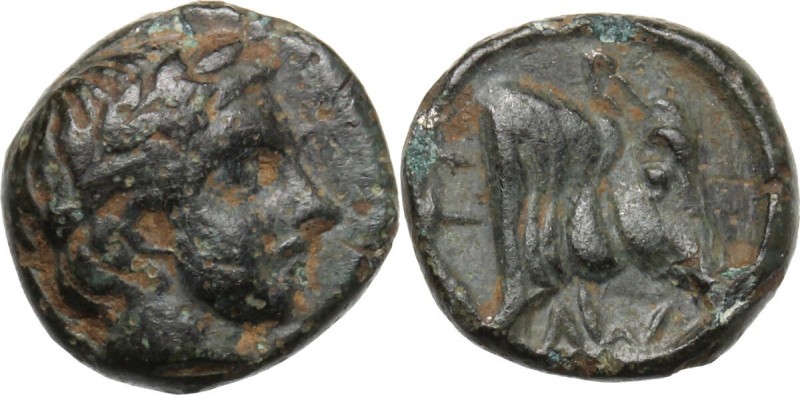 Greek Asia. Lesbos, Mytilene. AE 8 mm, 400-350 BC. Head of Apollo right, laureat...