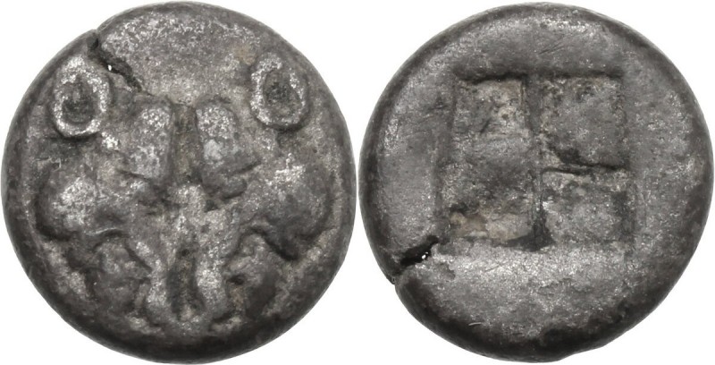 Greek Asia. Lesbos, unattribuited early mint. BI Diobol, 550-440 BC. Heads of tw...