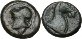 Anonymous. AE Half Unit, Neapolis, after 276 BC. Helmeted head of Minerva left. / [ROMANO]. Bridled horse's head right. HN Italy 278; Cr. 17/1a; TV 17...