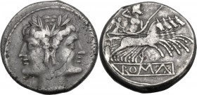 Anonymous. AR Didrachm-Quadrigatus, c. 225-214 BC. Laureate Janiform head of Dioscuri. / Jupiter, holding sceptre and hurling thunderbolt, in fast qua...