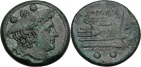 Semilibral series. AE Sextans, circa 217-215 BC. Head of Mercury right, wearing winged petasus; two pellets above. / Prow of galley right; two pellets...