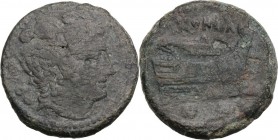 Anonymous semilibral series. AE Sextans, 217-215 BC. Head of Mercury right; above, two pellets. / ROMA. Prow right, two pellets below. Cr. 38/5. AE. 2...