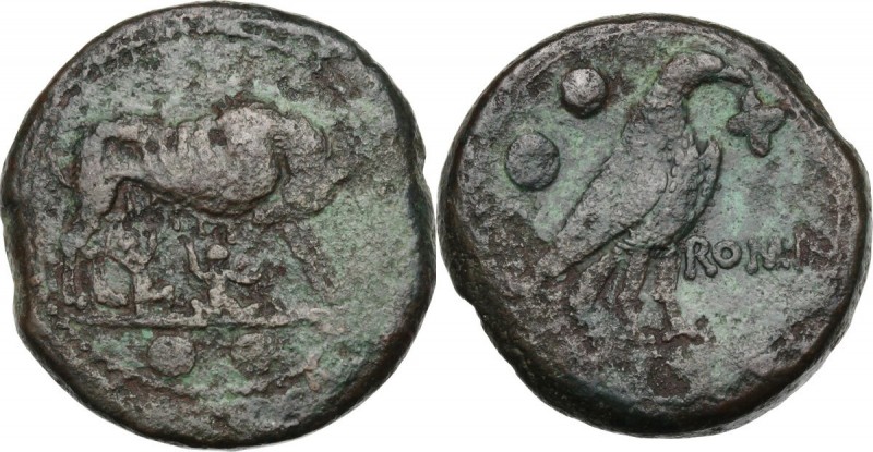 Anonymous. AE Sextans, circa 217-215 BC. She-wolf suckling twins; in exergue, tw...