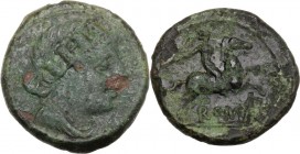 Anonymous. AE Semuncia, circa 215-212 BC. Turreted and draped female bust right. / Horseman right; below horse, ROMA. Cr. 39/5. AE. 5.84 g. 20.50 mm. ...
