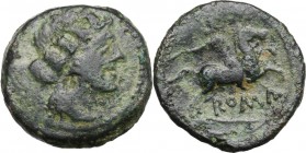 Anonymous. AE Semuncia, circa 215-212 BC. Turreted and draped female bust right. / Horseman right; below horse, ROMA. Cr. 39/5. AE. 5.42 g. 20.30 mm. ...