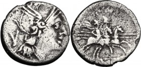 Anonymous. Anonymous. AR Quinarius, from 211 BC. Helmeted head of Roma right; behind, V. / The Dioscuri galloping right; below, ROMA in linear frame. ...