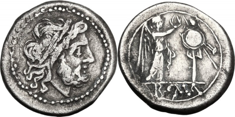 Anonymous. AR Victoriatus, after 218 BC. Laureate head of Jupiter right. / Victo...