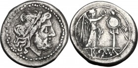 Anonymous. AR Victoriatus, after 218 BC. Laureate head of Jupiter right. / Victory standing right, crowning trophy; in exergue, ROMA. Cr. 53/1. AR. 2....