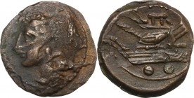 Sextantal series. AE Sextans. Sardinia, after 211 BC. Head of Tanit left (undertype). / Prow right; above, ROMA; below, two pellet. Cf. Cr. 56/6. AE. ...