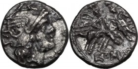 AR Quinarius, 211-210 BC, Sicily mint. Head of Roma right, helmeted. / Dioscuri galloping right; below, ear of corn. Cr. 72/4. AR. 0.97 g. 11.00 mm. R...