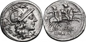 Q. Marcius Libo. AR Denarius, 148 BC. Head of Roma right, helmeted. / Dioscuri galloping right. Cr. 215/1. AR. 3.25 g. 20.00 mm. Lightly toned. About ...
