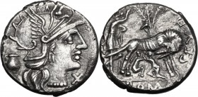 Sex. Pompeius. AR Denarius, 137 BC. Head of Roma right, helmeted; behind, jug. / She-wolf standing right; sucking twins; behind, tree with birds; to l...