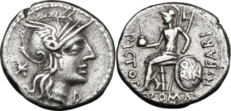 Numerius Fabius Pictor. AR Denarius, 126 BC. Helmeted head of Roma right; behind...