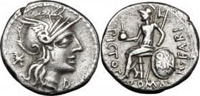 Numerius Fabius Pictor. AR Denarius, 126 BC. Helmeted head of Roma right; behind, X; below chin, D. / The Flamen Quirinalis, Q. Fabius Pictor, seated ...