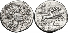 Q. Fabius Labeo. AR Denarius, 124 BC. Head of Roma right, helmeted. / Jupiter in quadriga right, holding sceptre and reins and hurling thunderbolt; be...