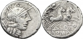 C. Cato. AR Denarius, 123 BC. Helmeted head of Roma right; behind, X. / Victory in biga right, holding reins and whip; below, C.CATO; in exergue, ROMA...