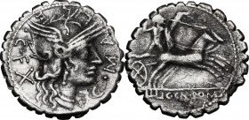 Cn. Domitius Ahenobarbus, L. Licinius Crassus, C. Malleolus. AR Denarius serratus, 118 BC. Helmeted head of Roma right; behind, X. / Bituitus in biga ...