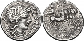 Q. Curtius. AR Denarius, 116 or 115 BC. Helmeted head of Roma right; before, Q. CVRT; behind, X. / Jupiter in quadriga right, holding sceptre and hurl...
