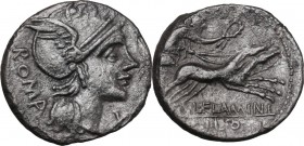 L. Flaminius Chilo. AR Denarius, 109 or 108 BC. Helmeted head of Roma right; behind, ROMA; before, X. / Victory in biga right, holding reins and wreat...