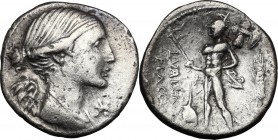 L. Valerius Flaccus. AR Denarius, 108-107 BC. Draped bust of Victory right; below chin, X. / Mars walking left, holding spear and trophy over left sho...