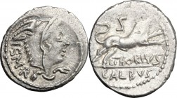 L. Thorius Balbus. AR Denarius, 105 BC. Head of Juno of Lanuvium right, wearing goat's skin, I.S.M.R. behind. / Bull charging right, S above, L. THORI...