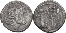 C. Fundanius. AR Quinarius, 101 BC. Laureate head of Jupiter right; behind dot and Q. / Victory right erecting trophy at base of which kneels a captiv...