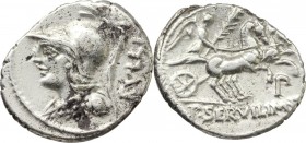 P. Servilius Rullus. AR Denarius, 100 BC. Bust of Minerva left,wearing Corinthian helmet and aegis; behind RVLLI. / Victory in biga right, holding pal...