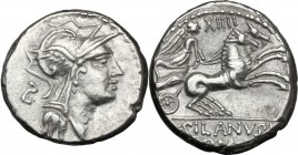 D. Silanus L.f. AR Denarius, 91 BC. Helmeted head of Roma right; behind, B. / Victory in biga right; above, XIIII; in exergue, D. SILANVS L.F/[ROMA]. ...