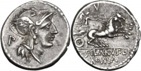 D. Silanus L.f. AR Denarius, 91 BC. Helmeted head of Roma right; behind, P. / Victory in biga right; above, V. Cr. 337/3. ; B. 15. AR. 3.96 g. 18.50 m...