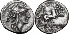 D. Silanus L.f. AR Denarius, 91 BC. Helmeted head of Roma right; behind, D. / Victory in biga right; above, XXIX. Cr. 337/3; B. (Junia) 15. AR. 3.69 g...