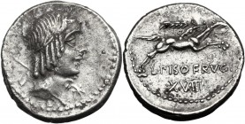 L. Calpurnius Piso Frugi. AR Denarius, 90 BC. Laureate head of Apollo right; below chin, star. / Horseman galloping right, holding palm; below, L. PIS...