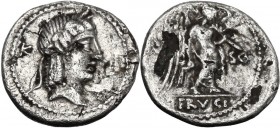 L. Calpurnius Piso Frugi. Fourrée Quinarius, 90 BC. Laureate head of Apollo right; before, control-mark. / Victory standing right, holding palm-branch...