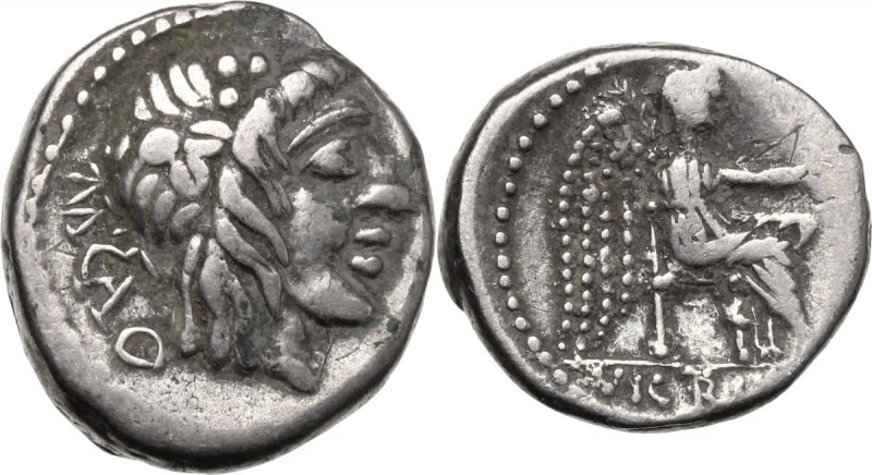 M. Cato. AR Quinarius, 89 BC. Head of Liber right, wearing ivy-wreath. / Victory...