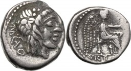 M. Cato. AR Quinarius, 89 BC. Head of Liber right, wearing ivy-wreath. / Victory seated right, holding patera and palm branch. Cr. 343/2a. AR. 2.21 g....